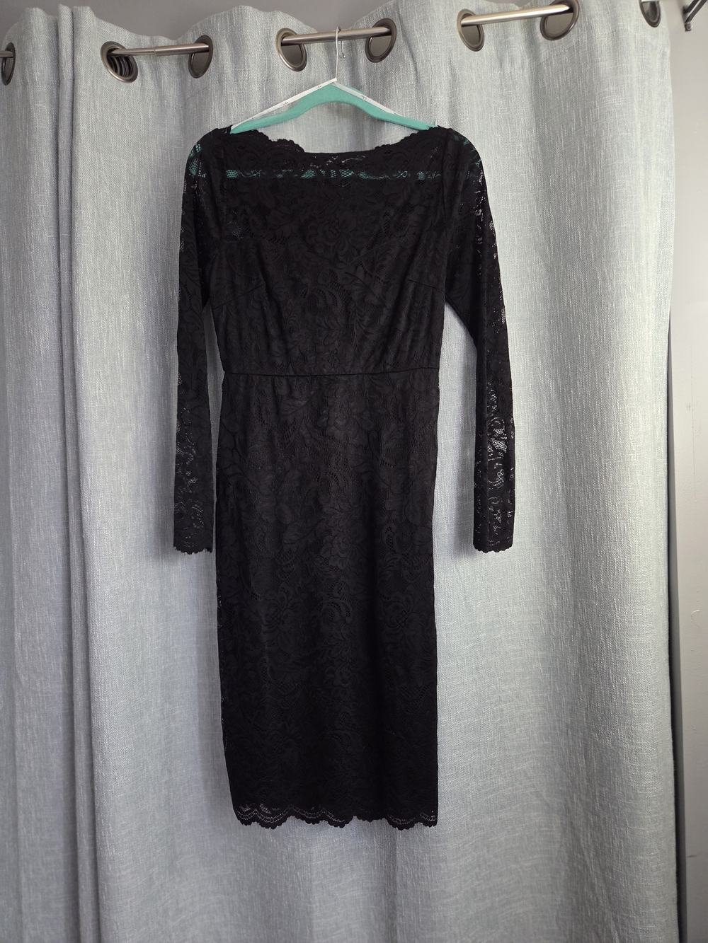 Lulu's Black Lace Long-Sleeve Sheath Dress with Boat Neck